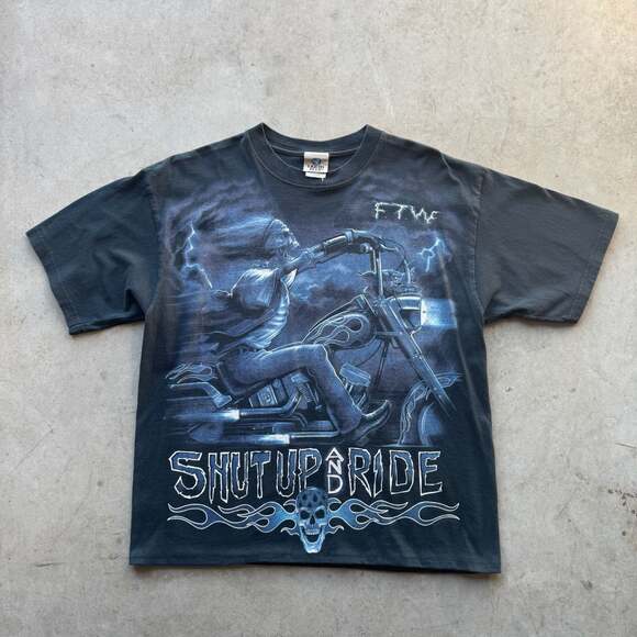 Liquid Blue Other - Vintage Cropped Liquid Blue Shut Up And Ride Skeleton Biker Graphic Tee